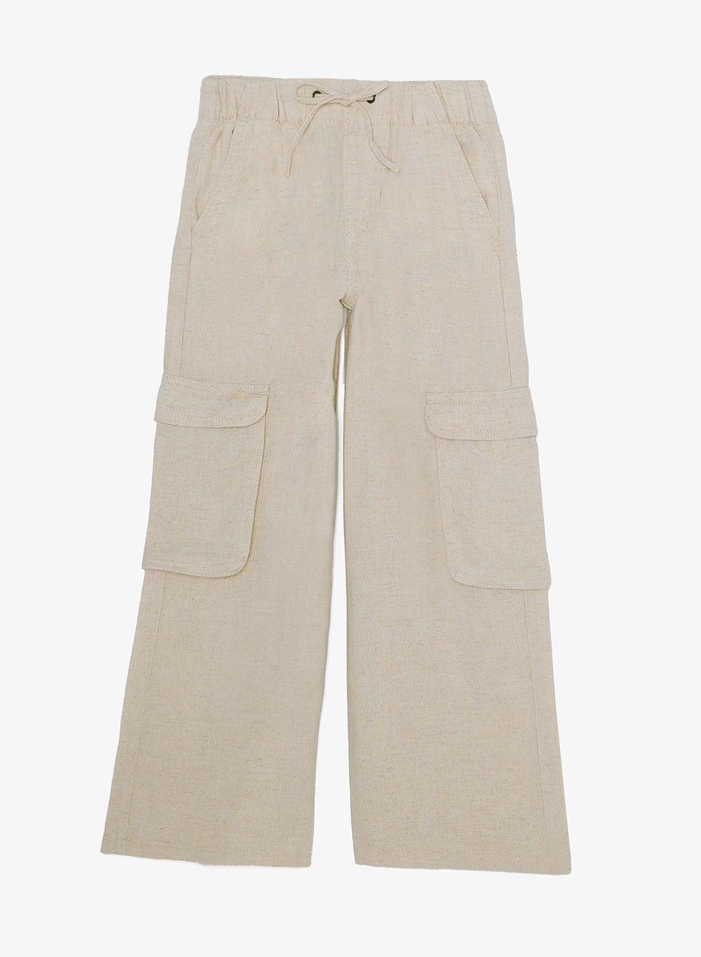 Girls Linen Blend Wide-Leg Cargo Pant Beige - Image 1