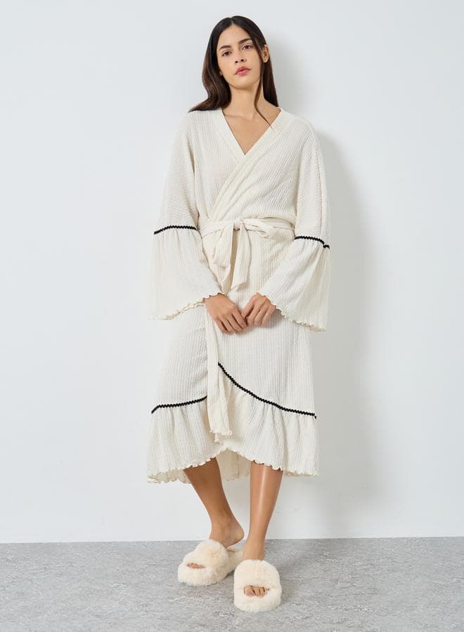 Styli Jacquard Ruffle Sleeve Tie Robe White - Image 1