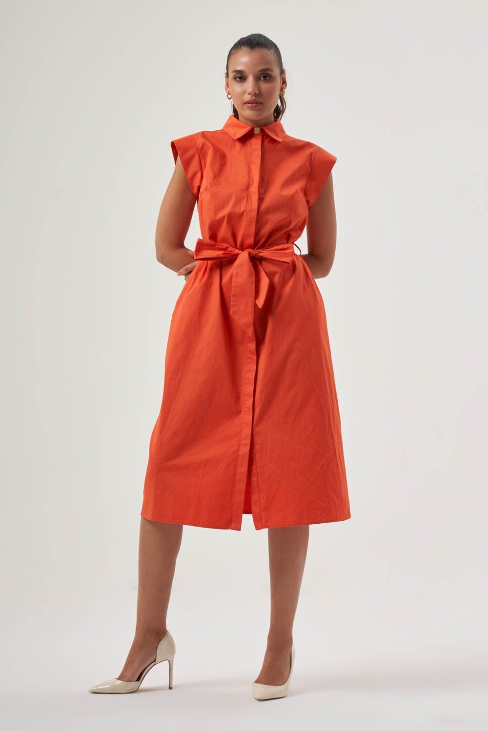 Coral Orange Cap Sleeve Midi Shirt Dress - Image 1