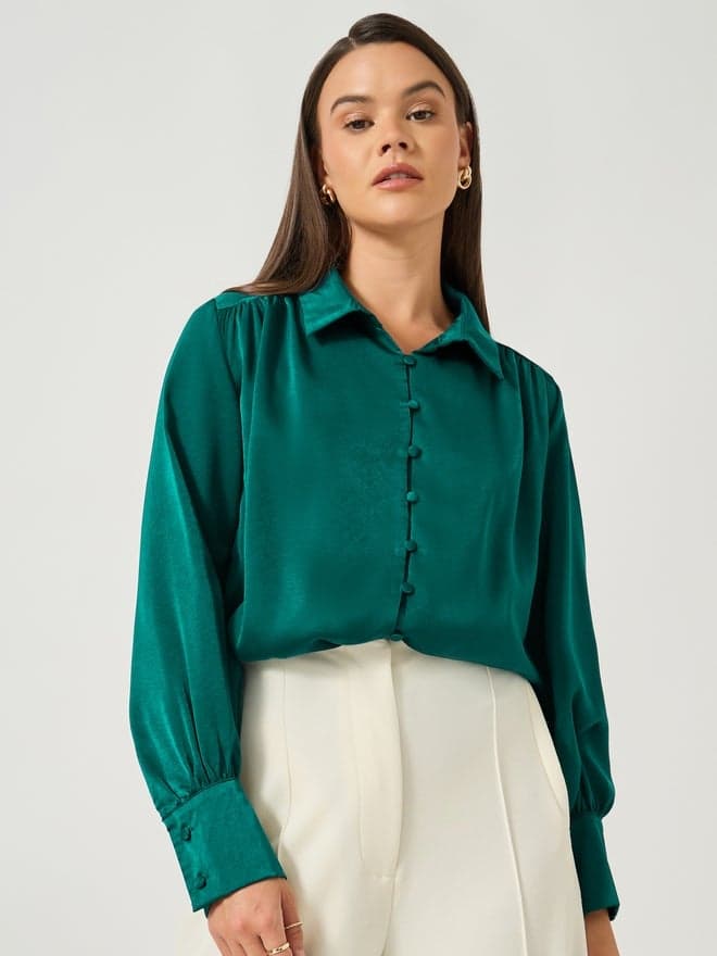 Styli Green Balloon Sleeve Buttoned Blouse - Image 1