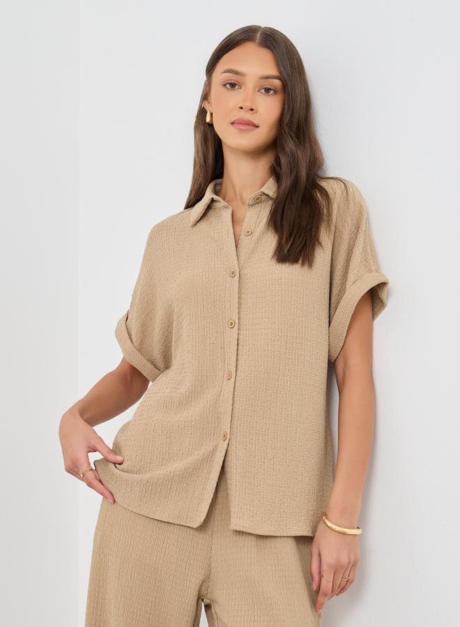 Textured Buttoned Short Sleeve Shirt – Brown Loose Fit - Image 1