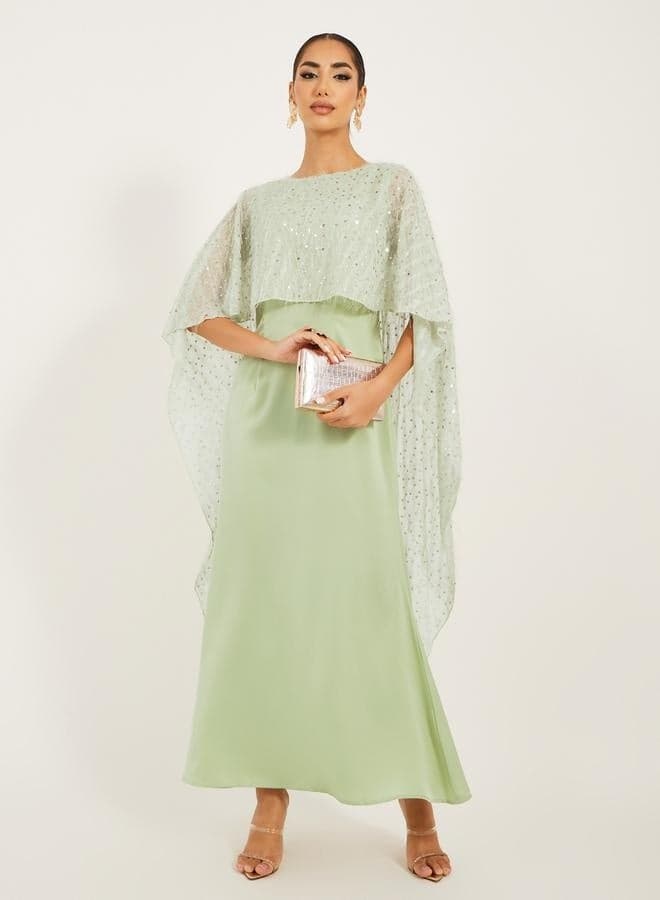 Sequin Embellished Cape Sleeve A-Line Maxi Dress - Image 1