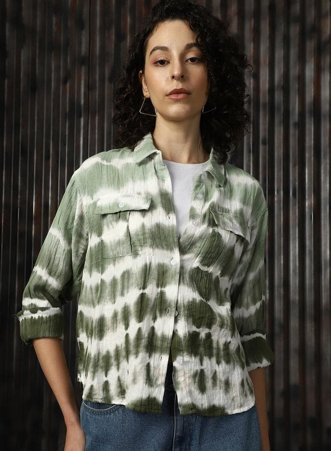Olive Cotton Boxy Shirt with Spread Collar - Image 1