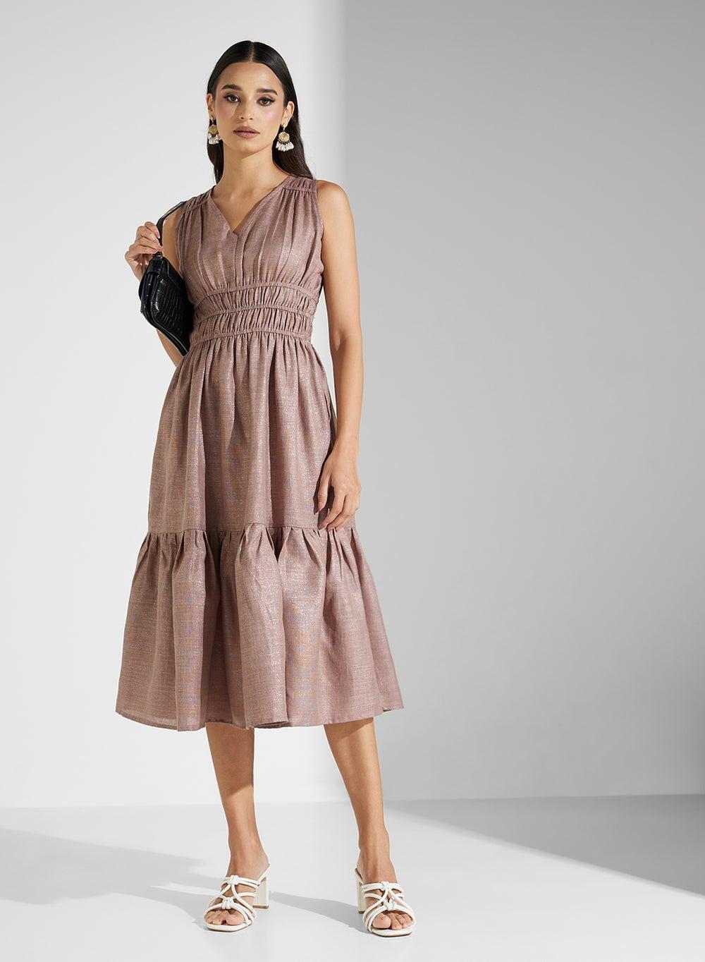 Dusty Rose Linen Tiered Midi Dress - Image 1