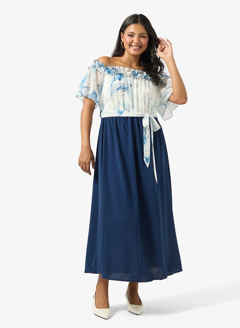 Aj2667 Off-Shoulder Color Block Floral Maxi Dress - Image 1