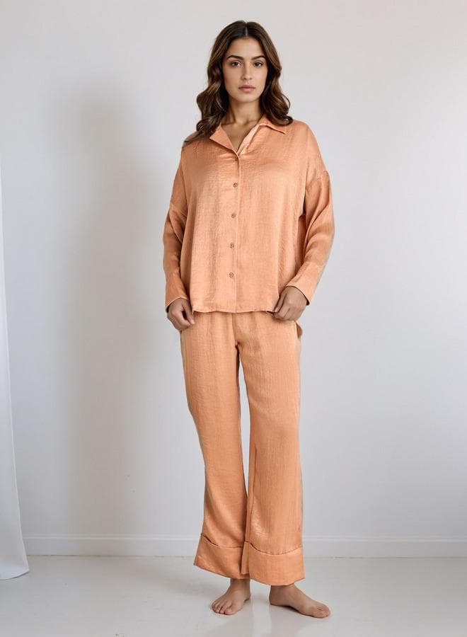 Orange Collared Pyjama Set – Polyester Blend Comfort - Image 1