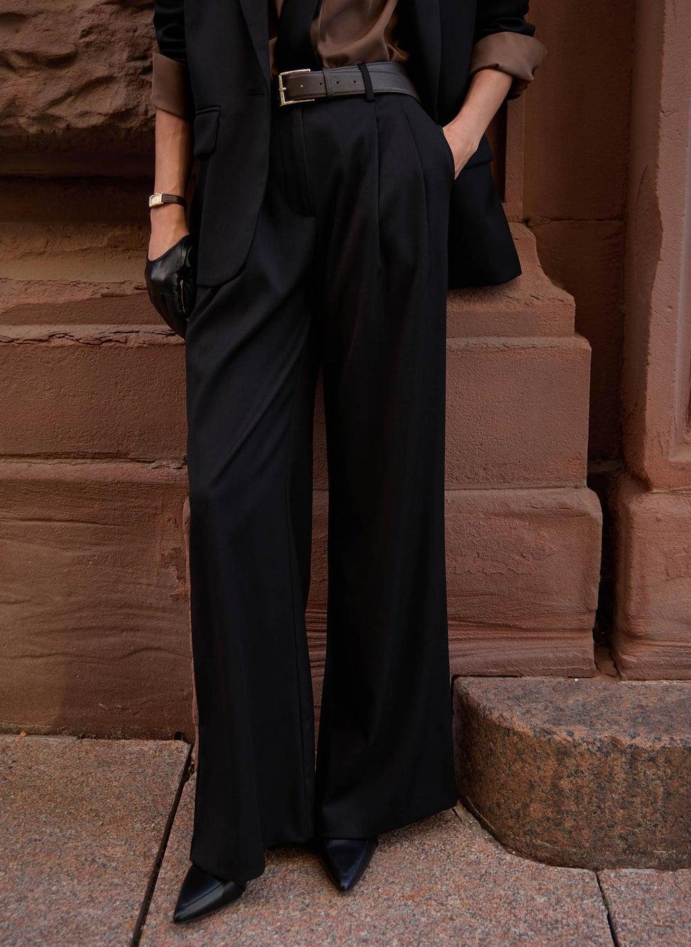 Black Flared Suiting Trousers with Pleated Waist - Image 1