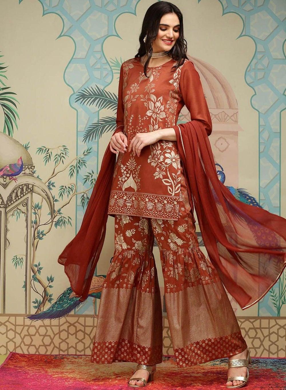 Rust Chinon Self-Design Palazzo Kurta Set - Image 1
