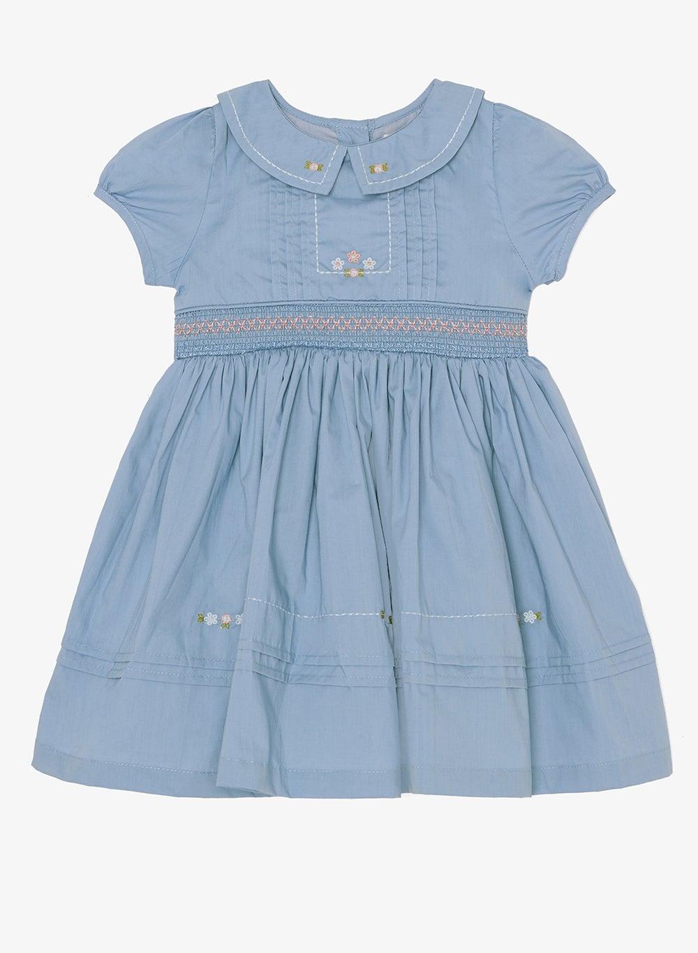 Girls Sky Blue Embroidered Smocked Collar Dress - Image 1