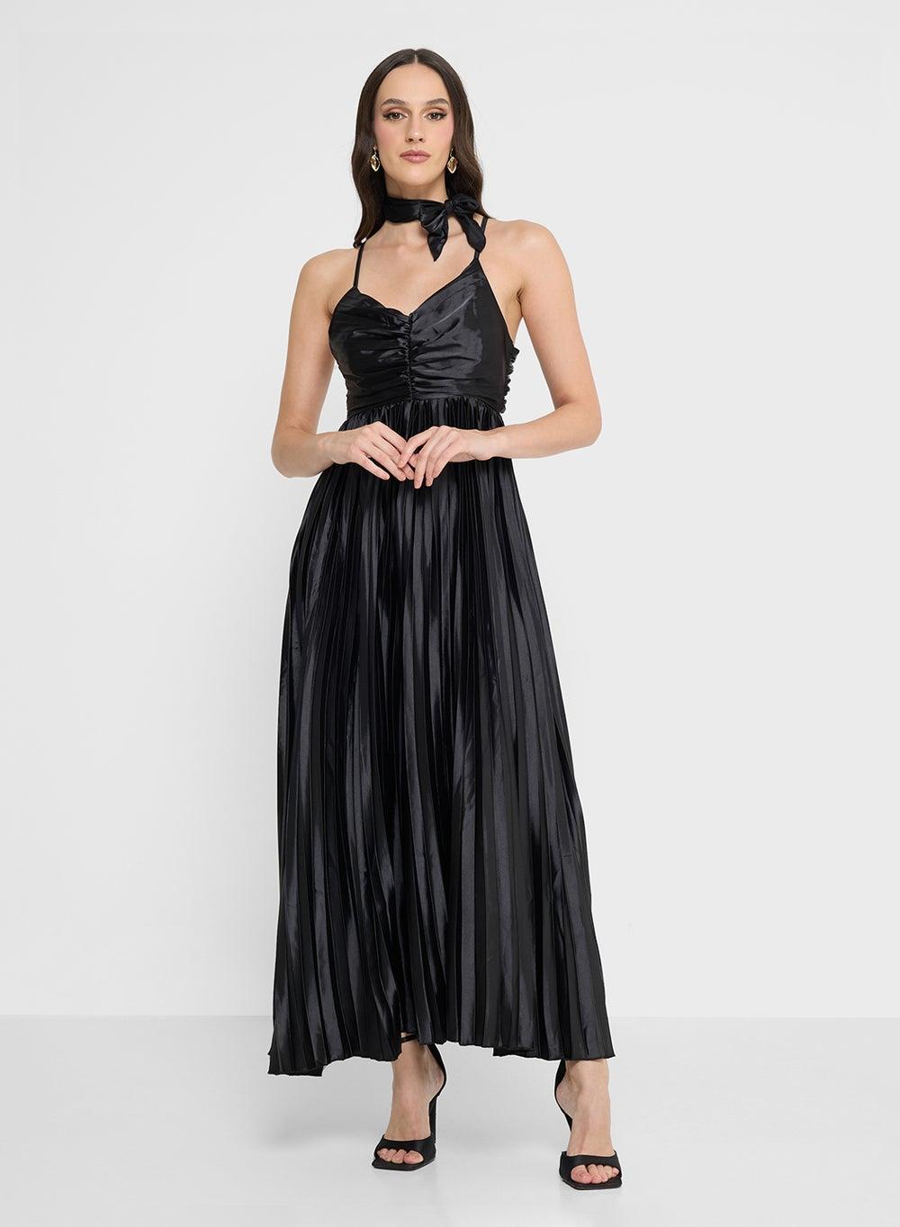 Pleated Halter Maxi Dress D24040914 Black - Image 1