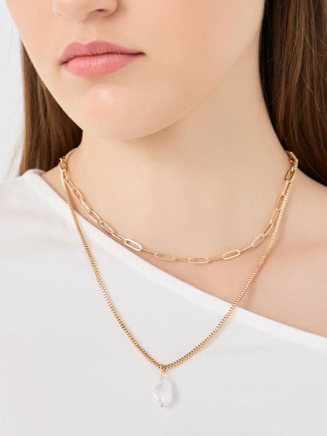 Styli Faux Pearl Drop Link Necklace Set Gold - Image 1