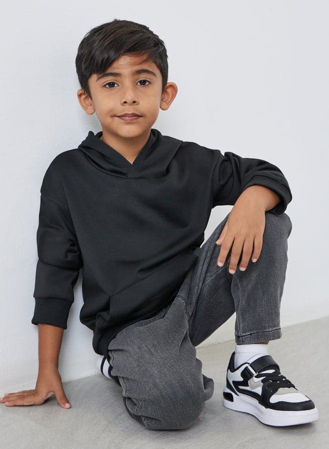 Boys Black Relaxed Fit Hoodie with Front Pocket - Image 1