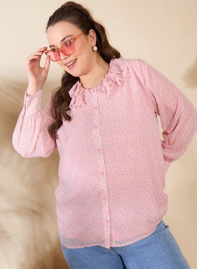 Plus Size Pink Floral Long Sleeve Shirt 7016927328 - Image 1