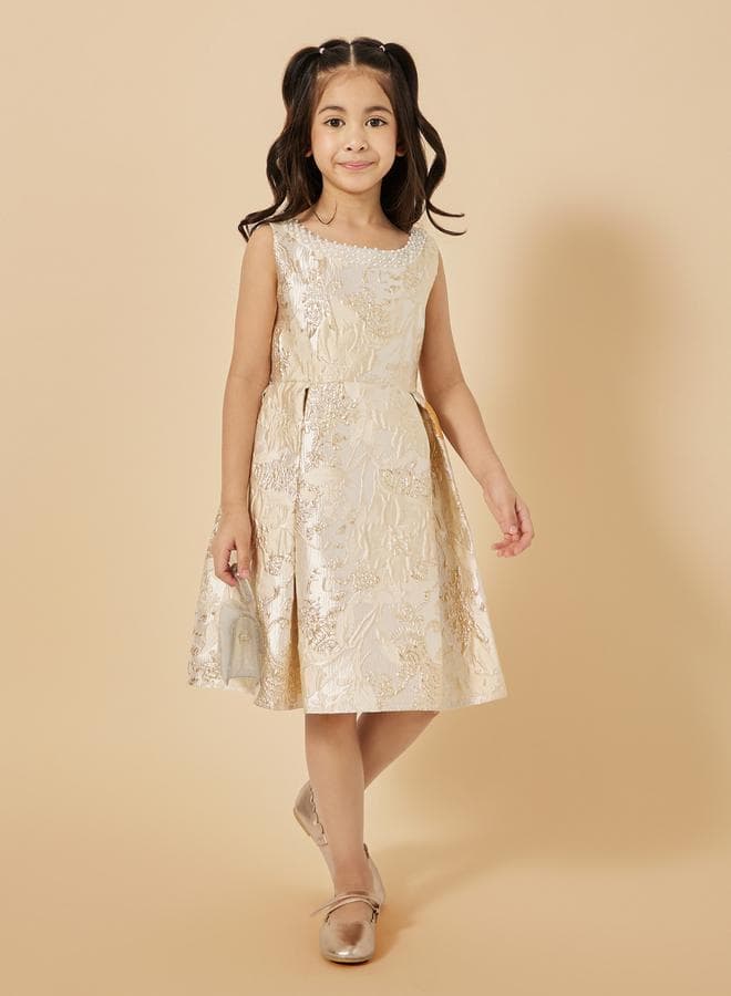 Styli Floral Jacquard Gold Sleeveless A-Line Dress 2112210712 - Image 1
