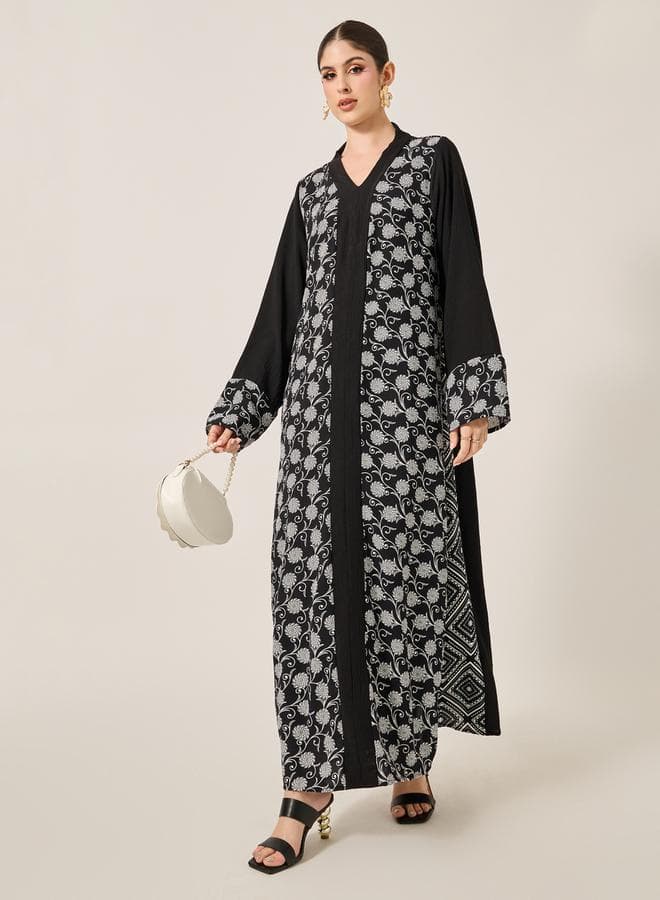 Black Printed Panel V-Neck A-Line Jalabiya 7012603101 - Image 1
