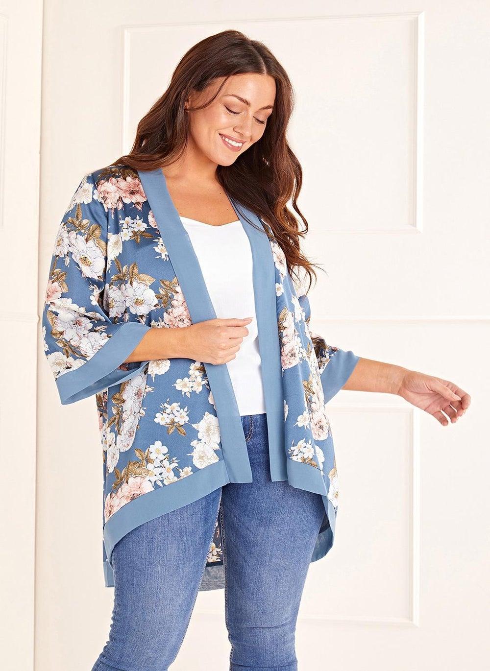 Floral Satin Short Kimono Jacket Navy Blue - Image 1