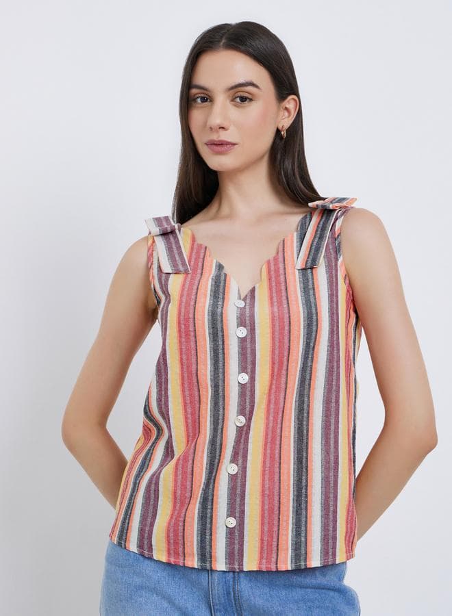 Take Two Striped V-Neck Buttoned Strappy Top - Image 1