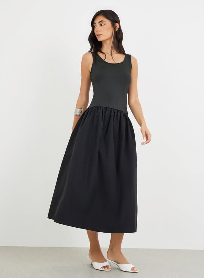 Black Solid Sleeveless A-Line Midi Dress - Image 1