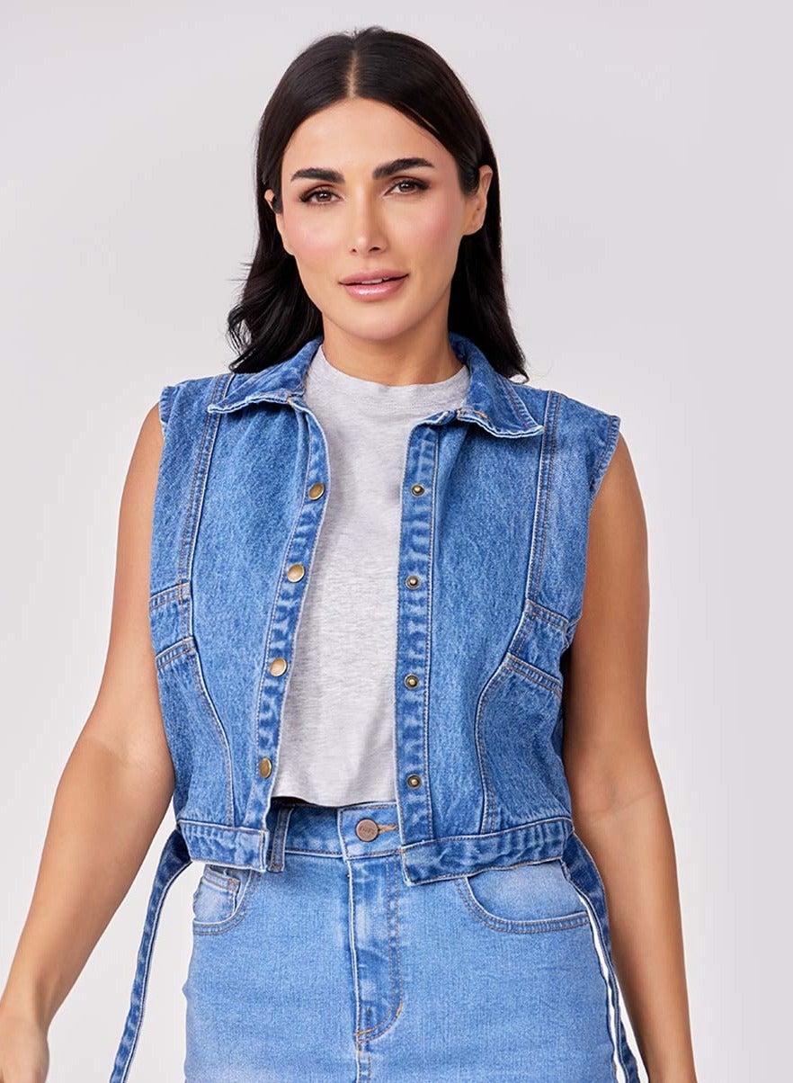 Light Wash Sleeveless Denim Jacket for Women - Image 1