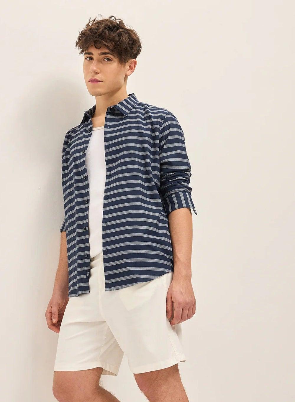 Men’s Slim Fit Cotton Shirt – Blue Striped Classic - Image 1