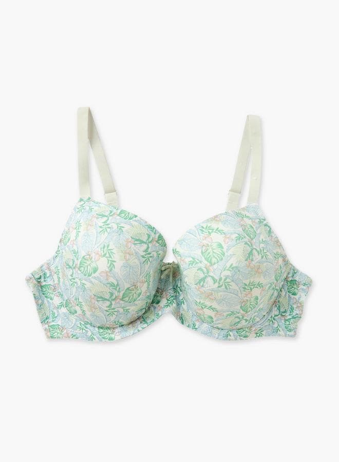 Cream Printed Wired Demi Bra with Hook Closure - Image 1