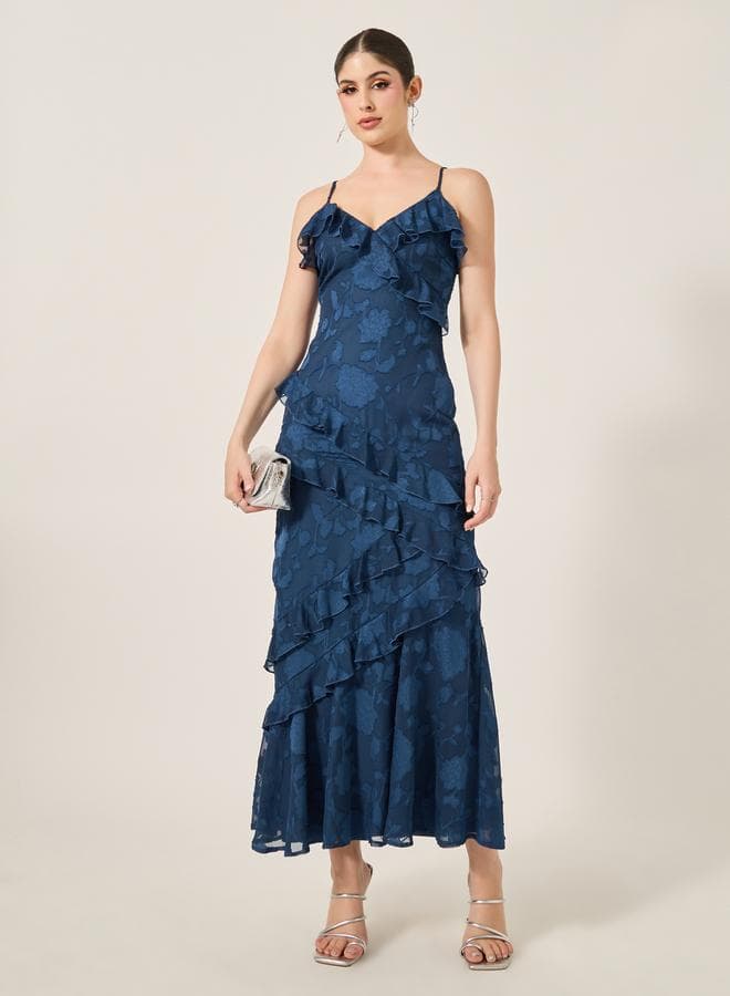 Navy Floral Ruffle Maxi Dress 7011710834Teal - Image 1