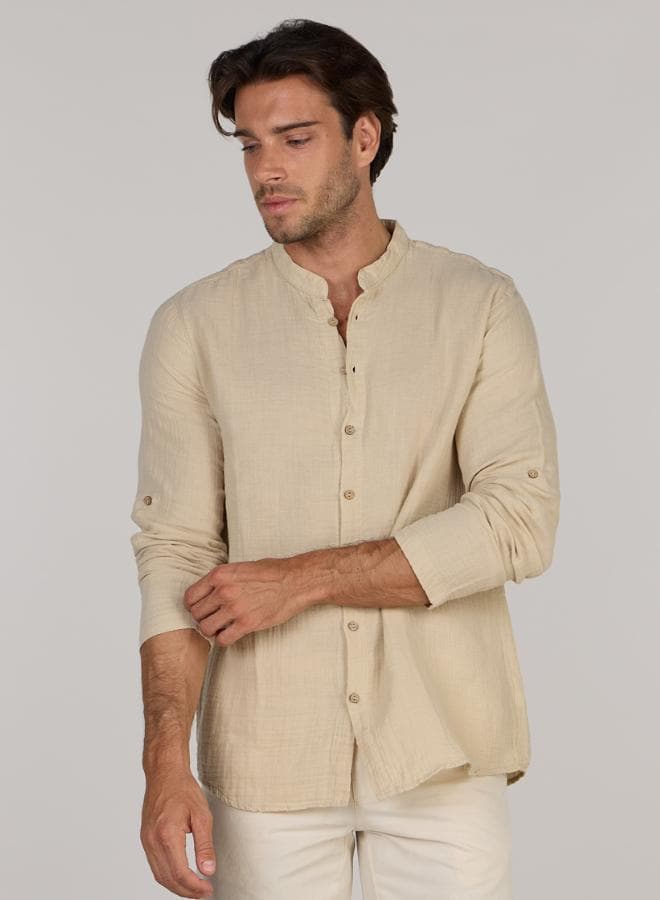 Beige Mandarin Collar Regular Fit Resort Shirt - Image 1