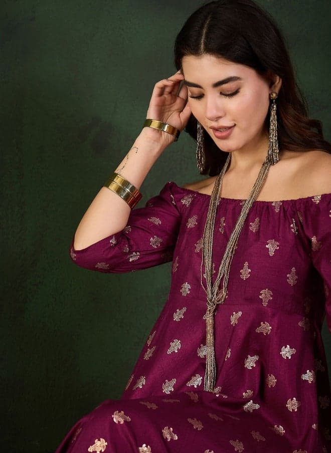 Maroon Silk Off-Shoulder Ethnic A-Line Midi Dress - Image 1