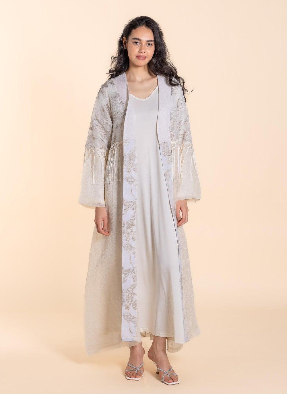 Beige Embroidered Abaya Set with Inner Dress - Image 1
