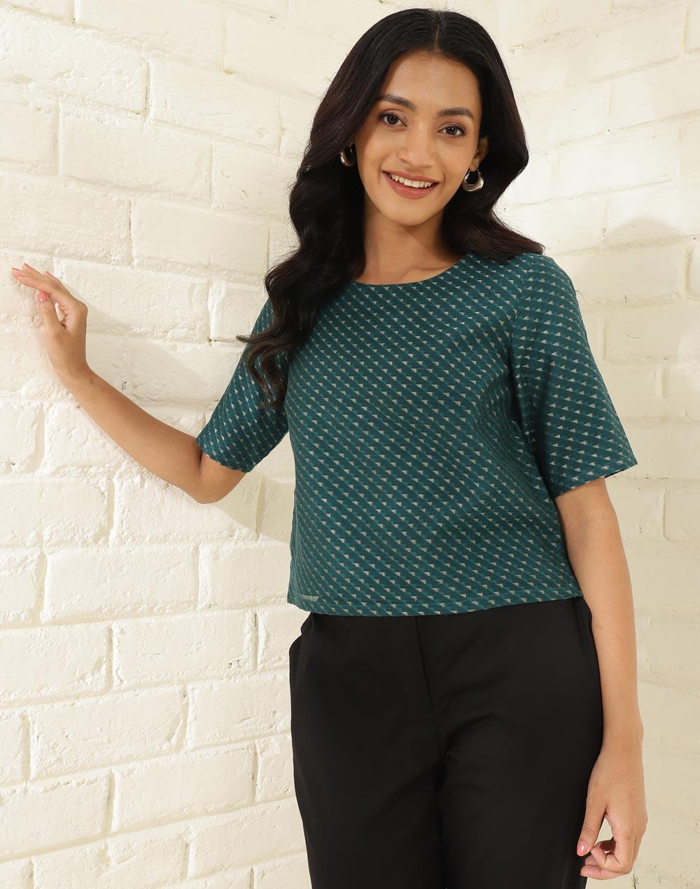 Blue Green Cotton Silk Blend Printed Kurti Top - Image 1