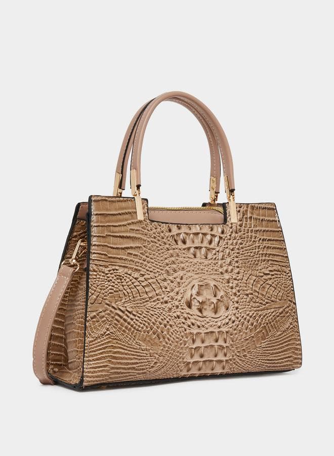 Take Two Croc Textured Double Handle Tan Handbag - Image 1