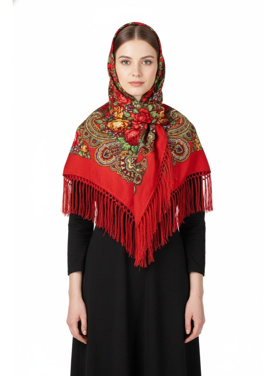Zinaida Cotton Tassel Shawl – Eastern European Red - Image 1
