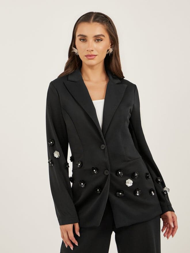 Black Button Regular Fit Cotton Blazer for Women - Image 1