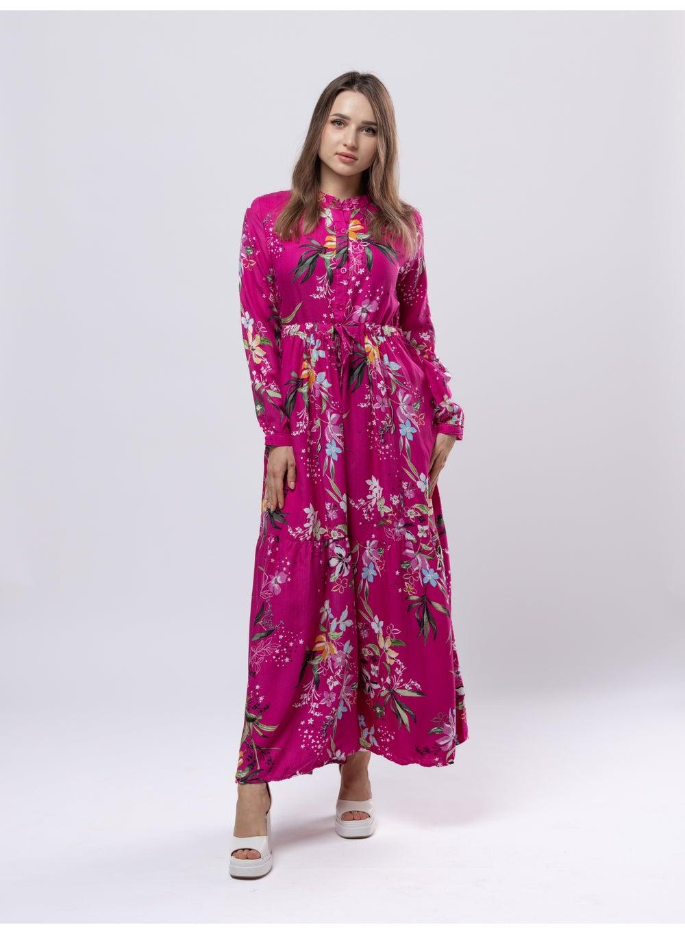 Fuchsia Cotton Maxi Shirt Dress Long Sleeve Elegance - Image 1