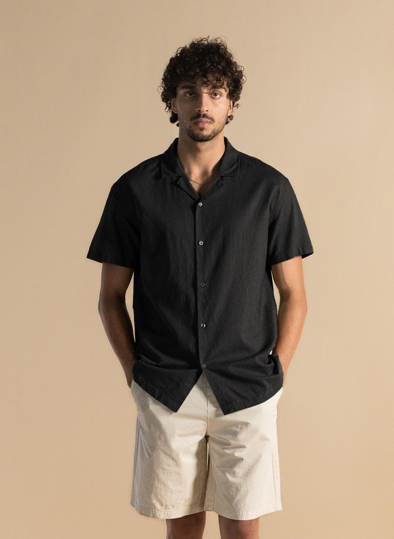 Black Linen Blend Relaxed-Fit Casual Shirt - Image 1