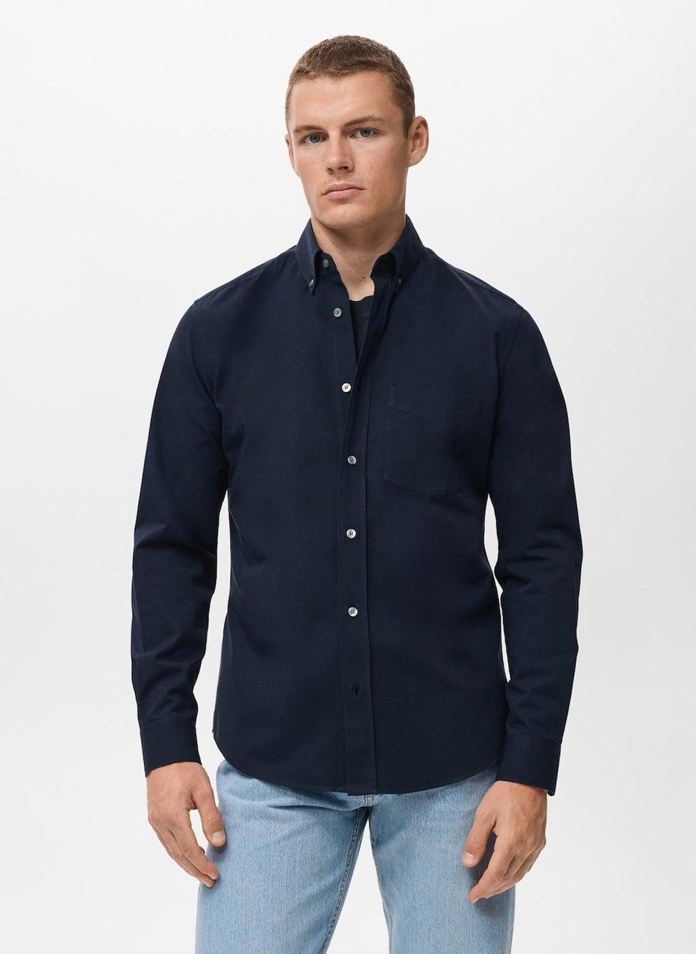 Men’s Navy Cotton Regular Fit Pocket Shirt - Image 1