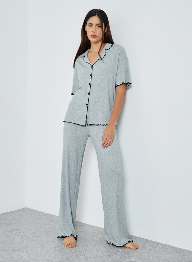 Styli Supersoft Ribbed Lettuce Hem Pyjama Set Grey - Image 1