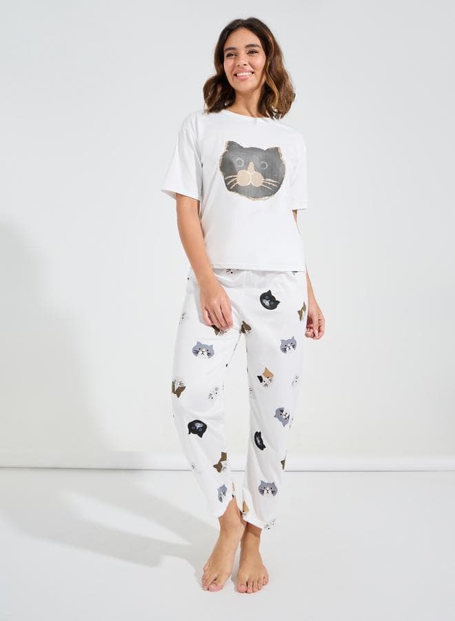 Cat Print Lounge Pyjama Set 7009081736 - Image 1