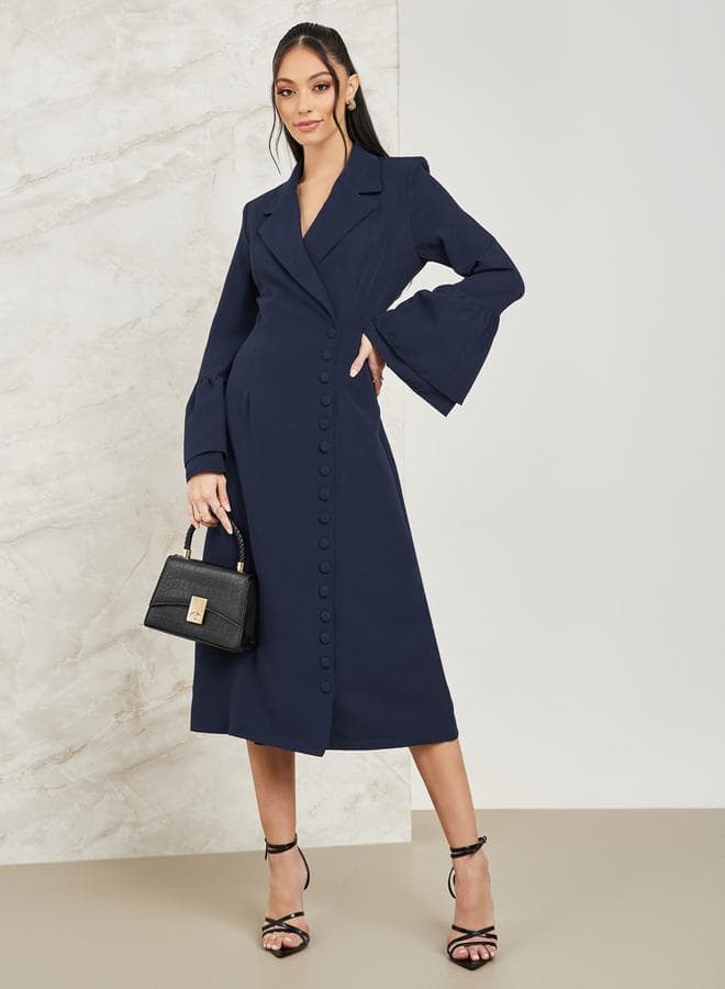 Navy Bell Sleeve Blazer Midi Dress 7006707622 - Image 1