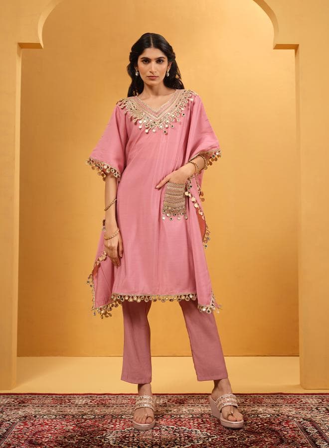 Light Pink Roman Silk Embellished Kaftan Kurta Set - Image 1