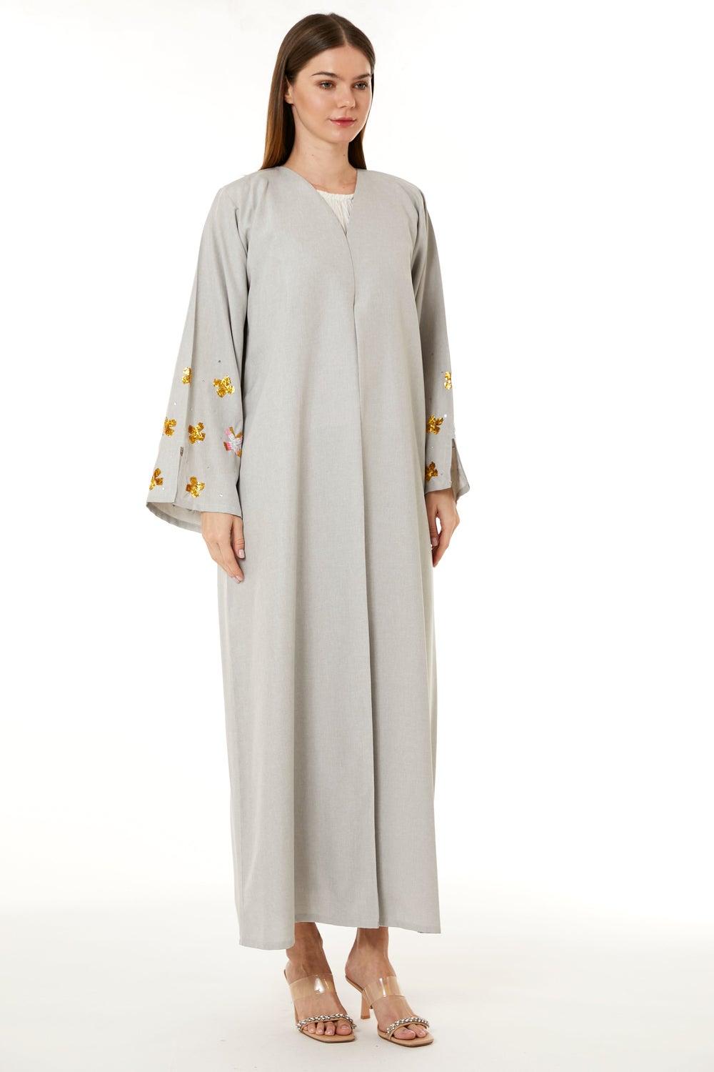 Beige Embroidered Flared Sleeve Abaya - Image 1