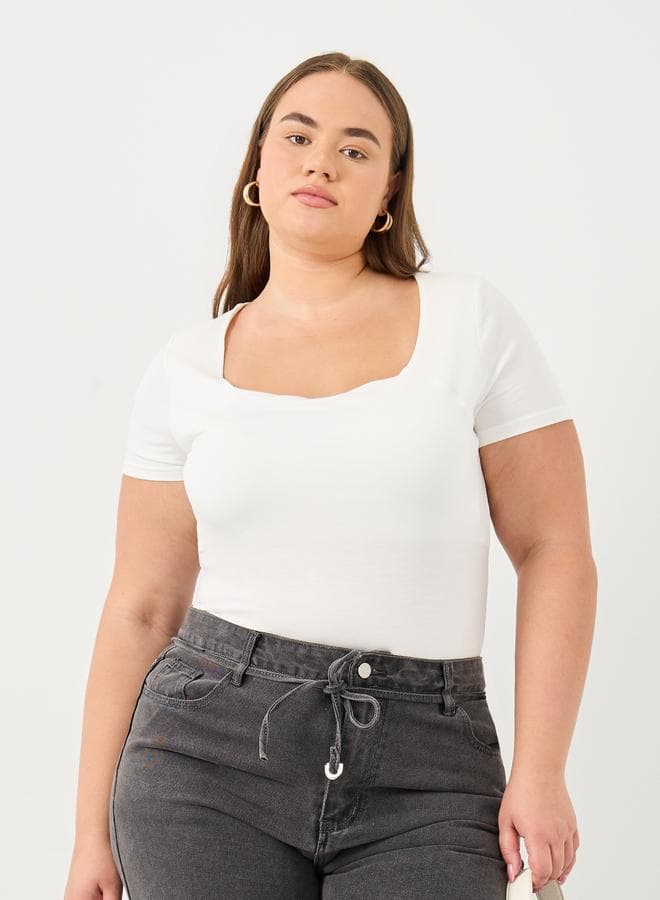 Styli Plus White Square Neck Fitted T-Shirt - Image 1