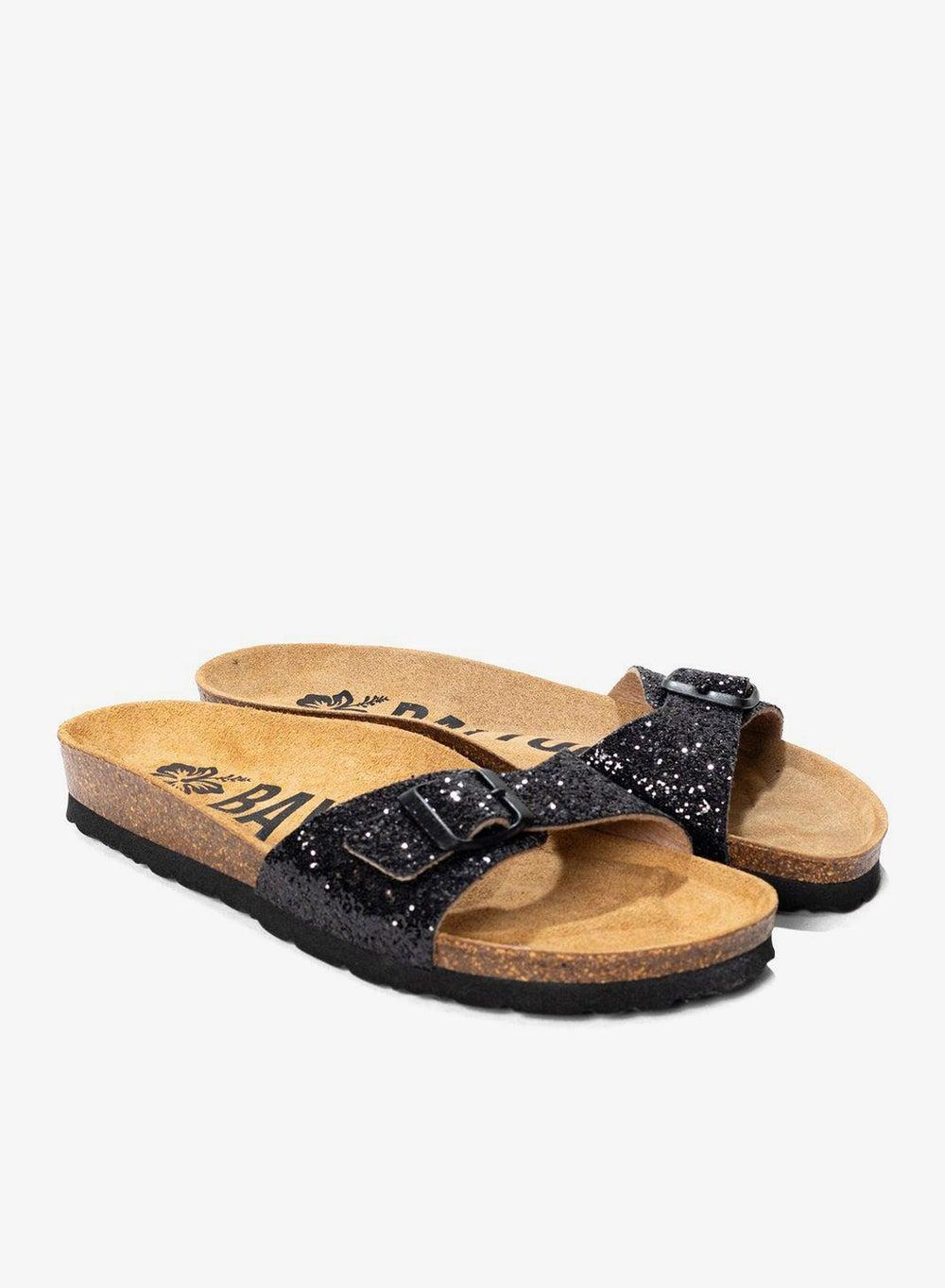 Zephyr One Strap Flat Sandals Black Cork Sole - Image 1