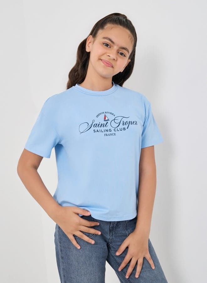 Girls Blue Slogan Print Round Neck T-Shirt - Image 1