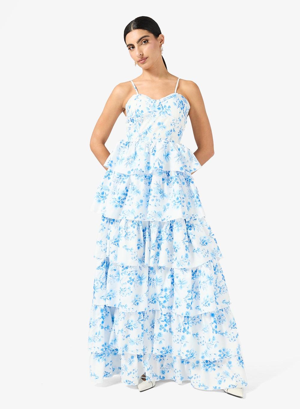 White Blue Floral Ruffle Maxi Dress Clt256123 - Image 1