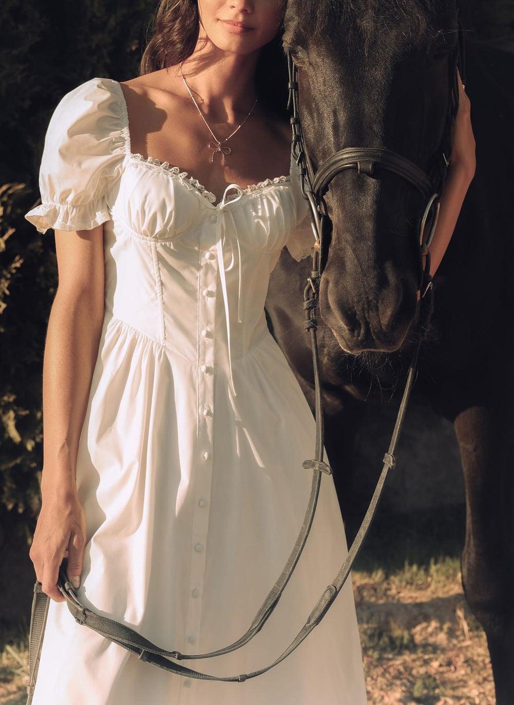 White Lace Bodice Midi Dress with Corset Waist - Image 1