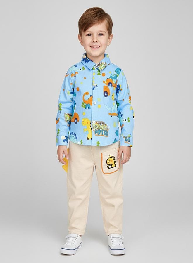 Blue Dino Print Shirt & Beige Pant Set 7903 - Image 1