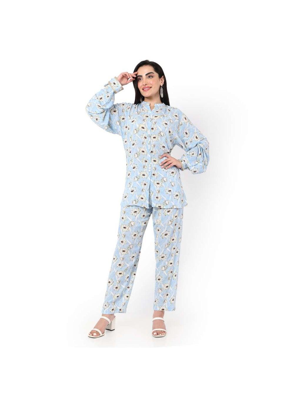 Sky Blue Floral Viscose Jalabiya Co-Ord Set - Image 1