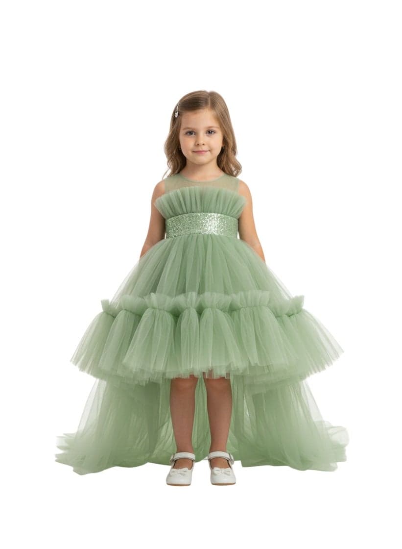 Sage Green Ruffled Tulle Hi-Lo Maxi Dress - Image 1