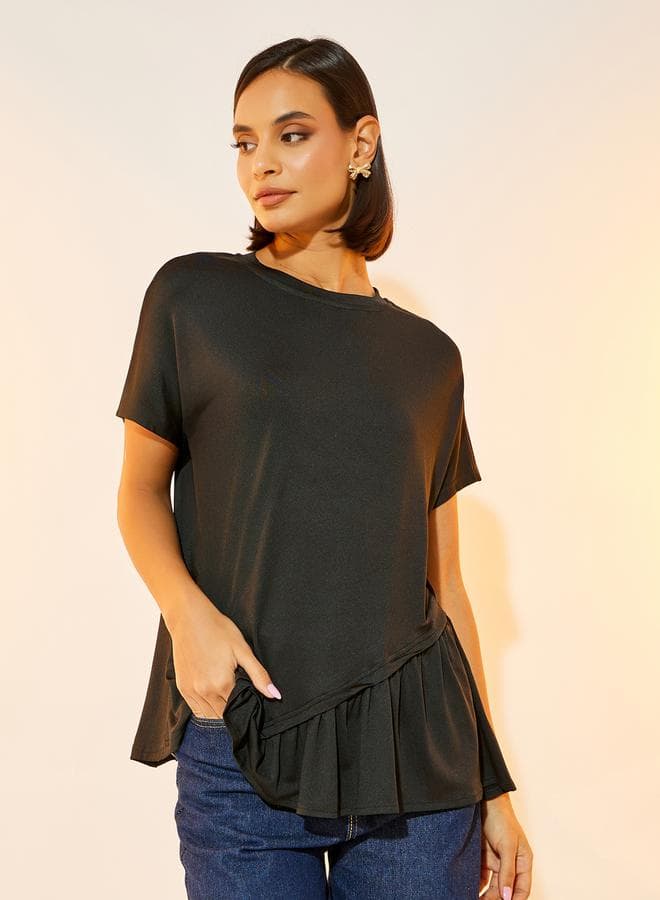 Black Ruffled Detail Round Neck T-Shirt 7011702701 - Image 1